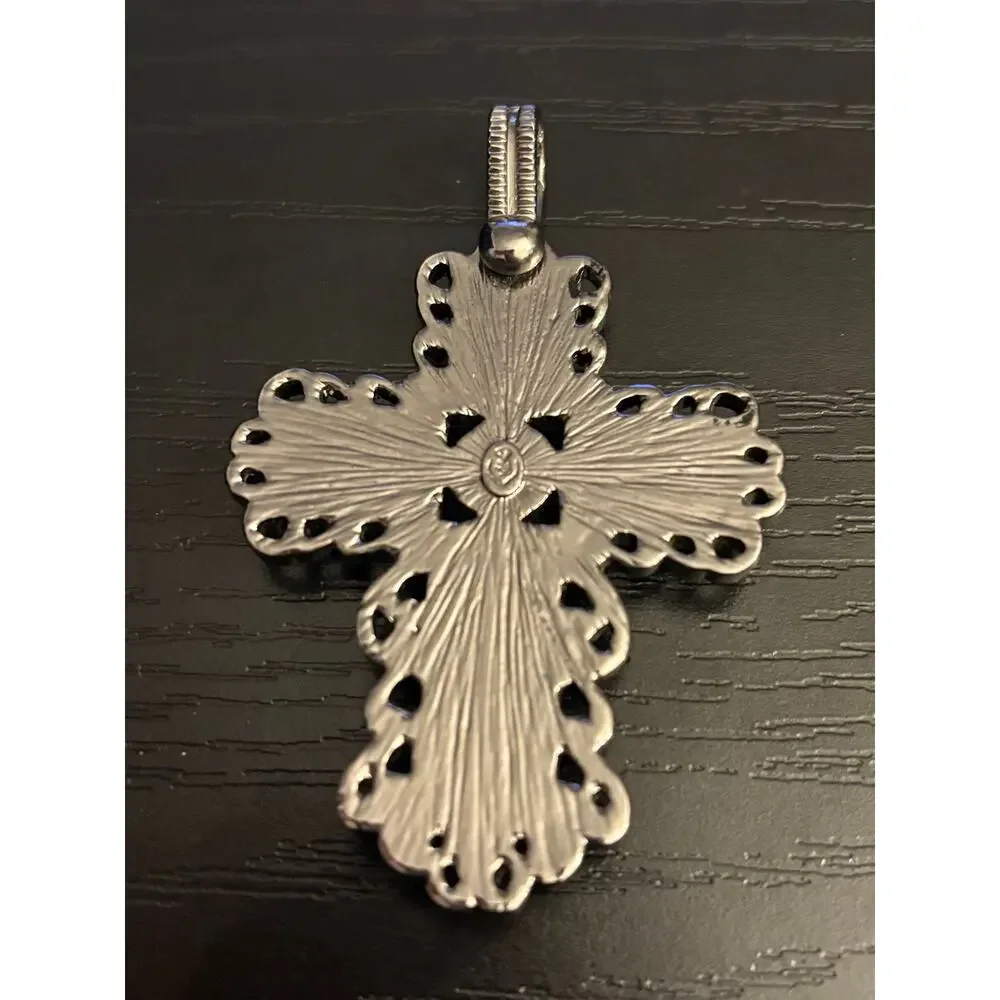 Vintage large Black Rhinestone Cross Pendant Silver Tone